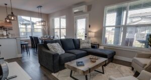 The living room of an Ocean shores rental to relax in while checking the surf conditions in the Washington town.